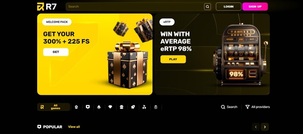 Главная страница R7 Casino - современный интерфейс с удобной навигацией по игровому порталу